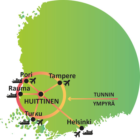 Kuva tunnin ympyrästä eli ympyrästä mikä kertoo mitkäkin kaupungit ovat tunnin aja matkan päästä