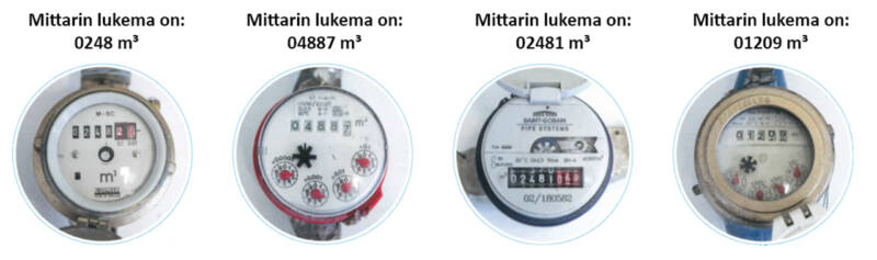 Erilaisia vesimittareiden tauluja ja erilaisia kulutuslukemia. 