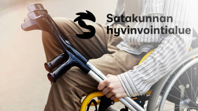 Pyörätuoli ja kainalosauvat sekä hyvinvointialueen logo.