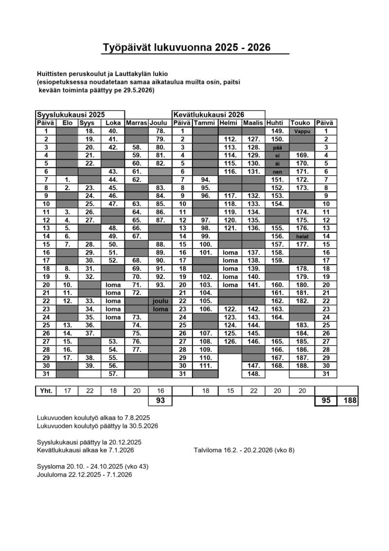 Huittisten koulujen työpäivät 2025-2026